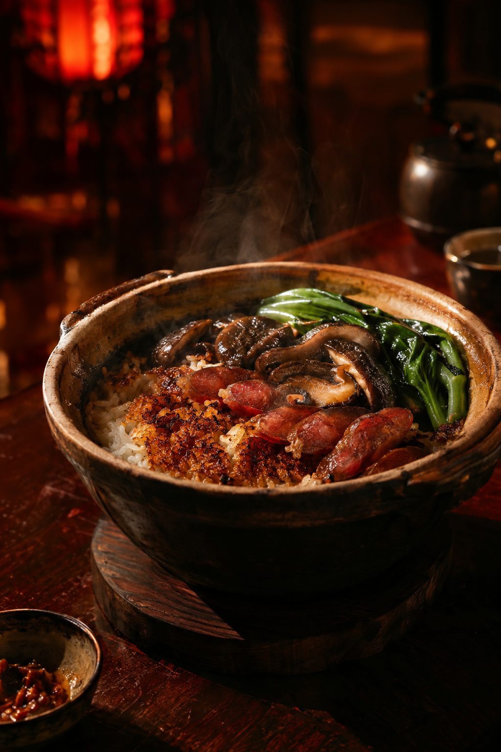 Clay pot rice with crispy base, sausage and greens