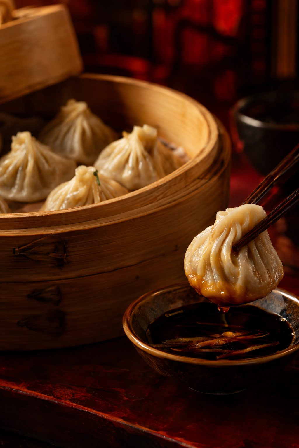 Steamed handmade dumplings in a bamboo basket