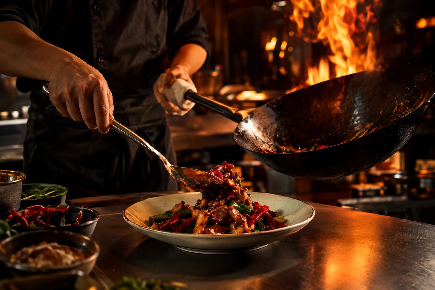Chef plating a Cantonese wok dish