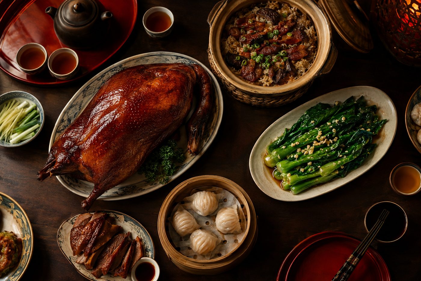 Cantonese banquet spread with roast duck and clay pot rice