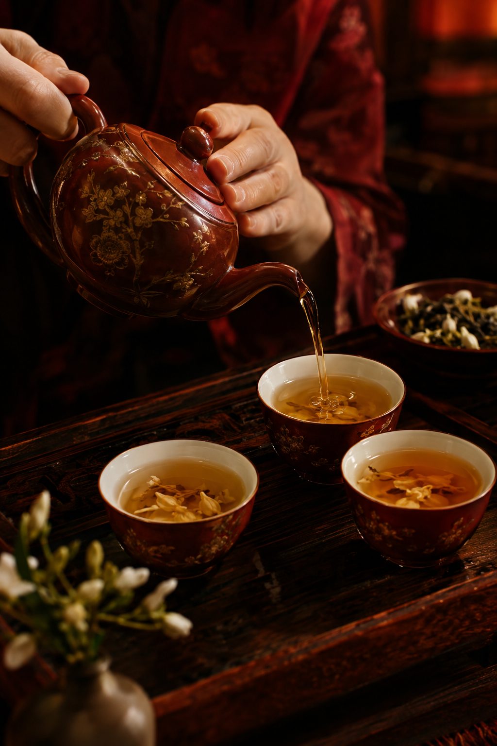 Jasmine tea poured at a table